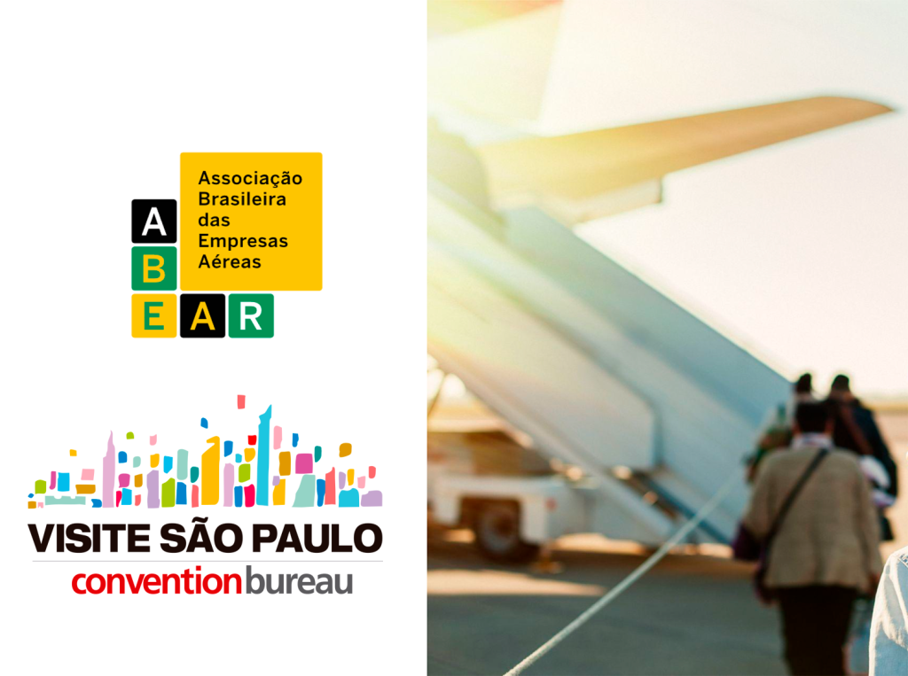 Foto com pessoas se dirigindo a uma escada para embarcarem no avião e duas logomarcas; Visite São Paulo Convention Bureau e ABEAR - Associação Brasileira das Empresas Aéreas.