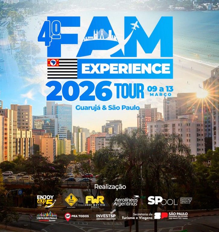 Arte promocional da 4ª edição do FAM Experience 2026 com destaque para Guarujá e São Paulo e datas do evento / Foto: Divulgação