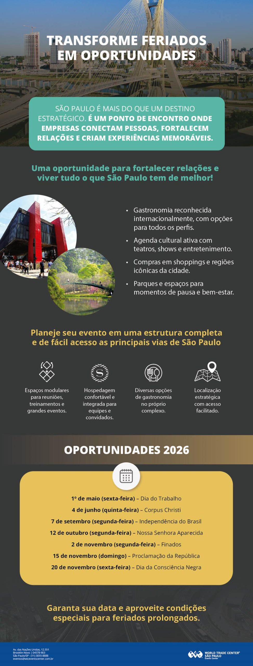 Arte promocional do WTC Events Center São Paulo com a Ponte Estaiada ao fundo e a mensagem “Transforme feriados em oportunidades”, destacando datas de feriados de 2026 e benefícios para eventos corporativos.